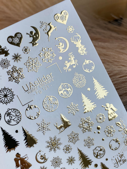 Decalcomanii de apă pentru unghii Fg-121 | Decalcomanii pentru unghii cu alunecare pe apă cu fulgi de zăpadă aurii și brazi de Crăciun | Sărbători festive