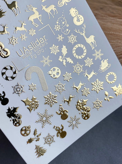 Nail Water Decal Fg-070 | Gold Foil Water Slide Nail Decals | Christmas Snowflakes & Reindeer