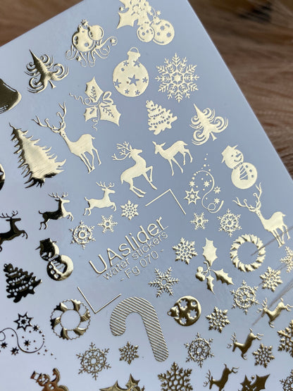 Nail Water Decal Fg-070 | Gold Foil Water Slide Nail Decals | Christmas Snowflakes & Reindeer