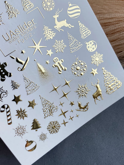 Nail Water Decal Fg-072 | Gold Foil Water Slide Nail Decals | Christmas Trees & Stars