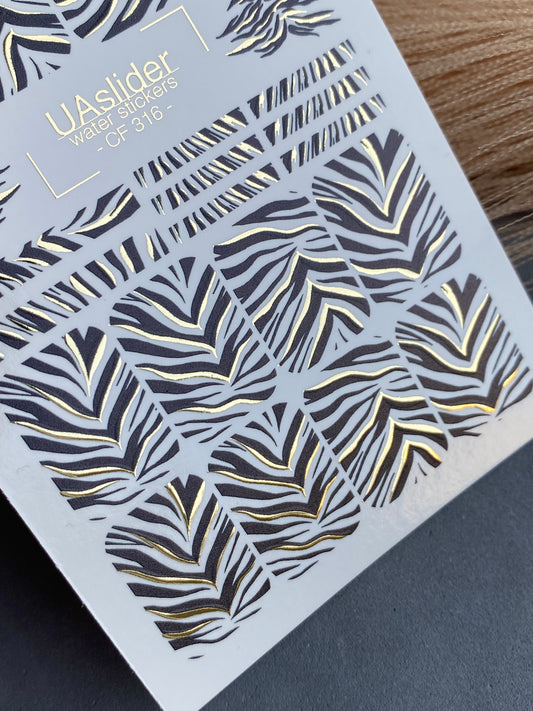 Nail Water Decal CF-316 | Zebra Print Nail Water Decals | Black & Gold Animal Print Stickers