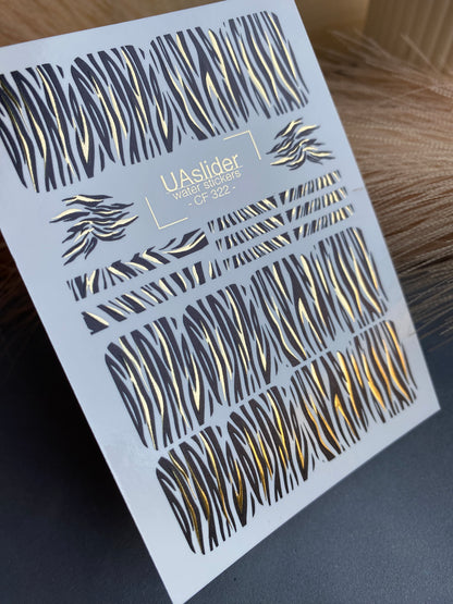 Nail Water Decal CF-322 | Zebra Print Nail Water Decals | Black & Gold Animal Print Nail Stickers