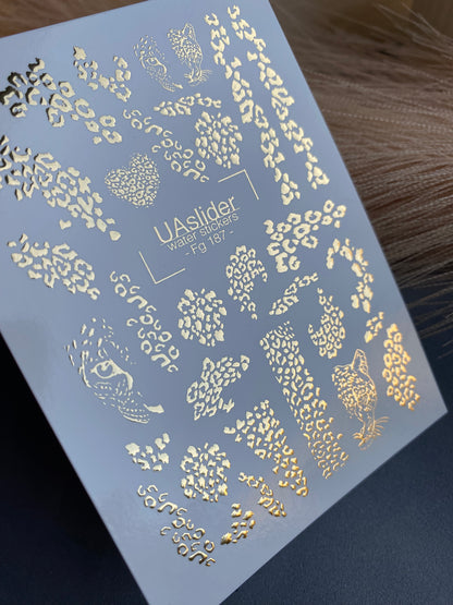 Nail Water Decal Fg-187 | Gold Foil Water Slide Nail Decals | Leopard Print & Wild Animal Designs