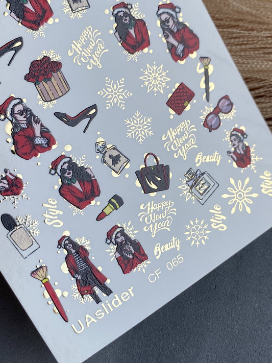 Nail Water Decal CF-065 | Christmas Fashion Nail Water Decals | Retro Girl, Santa Outfit, Beauty Accessories and Gifts