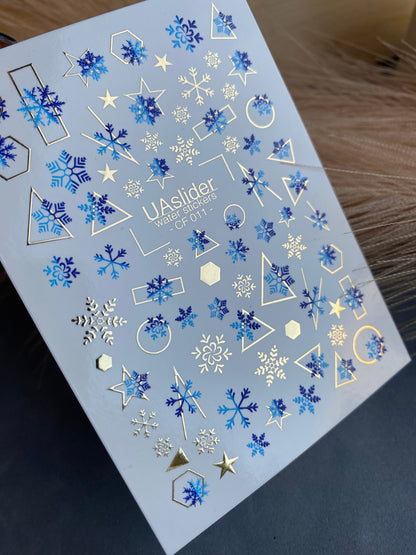 Nail Water Decal CF-011 | Winter Water Slide Nail Decals, Blue Snowflakes with Gold Foil Geometric Accents