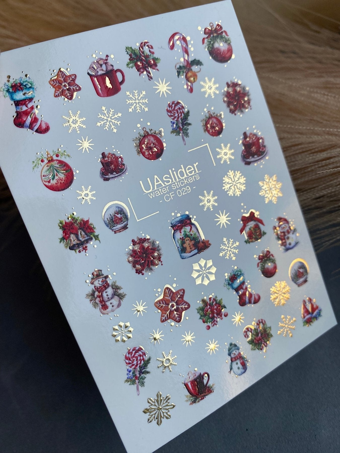 Nail Water Decal CF-029 | Festive Christmas Nail Water Decals with Gold Foil | Ornaments, Snowflakes and Sweets - UASLIDER