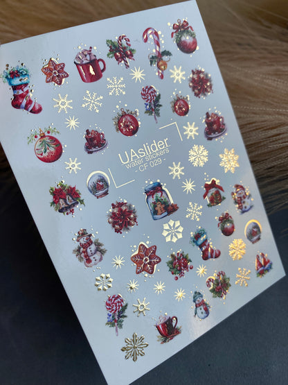 Nail Water Decal CF-029 | Festive Christmas Nail Water Decals with Gold Foil | Ornaments, Snowflakes and Sweets