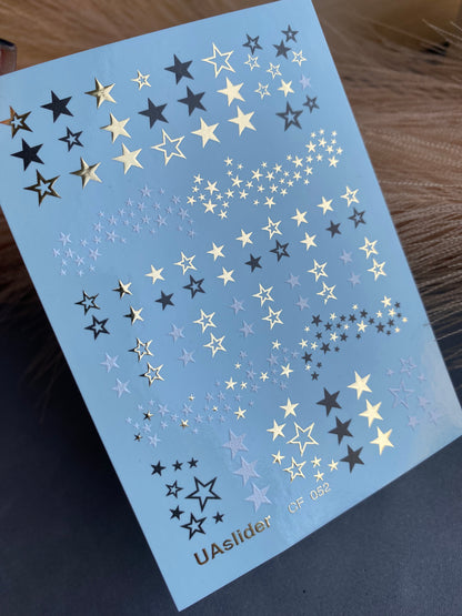 Nail Water Decal CF-052 | Star Nail Water Decals | Black, Gold & Silver Star Patterns