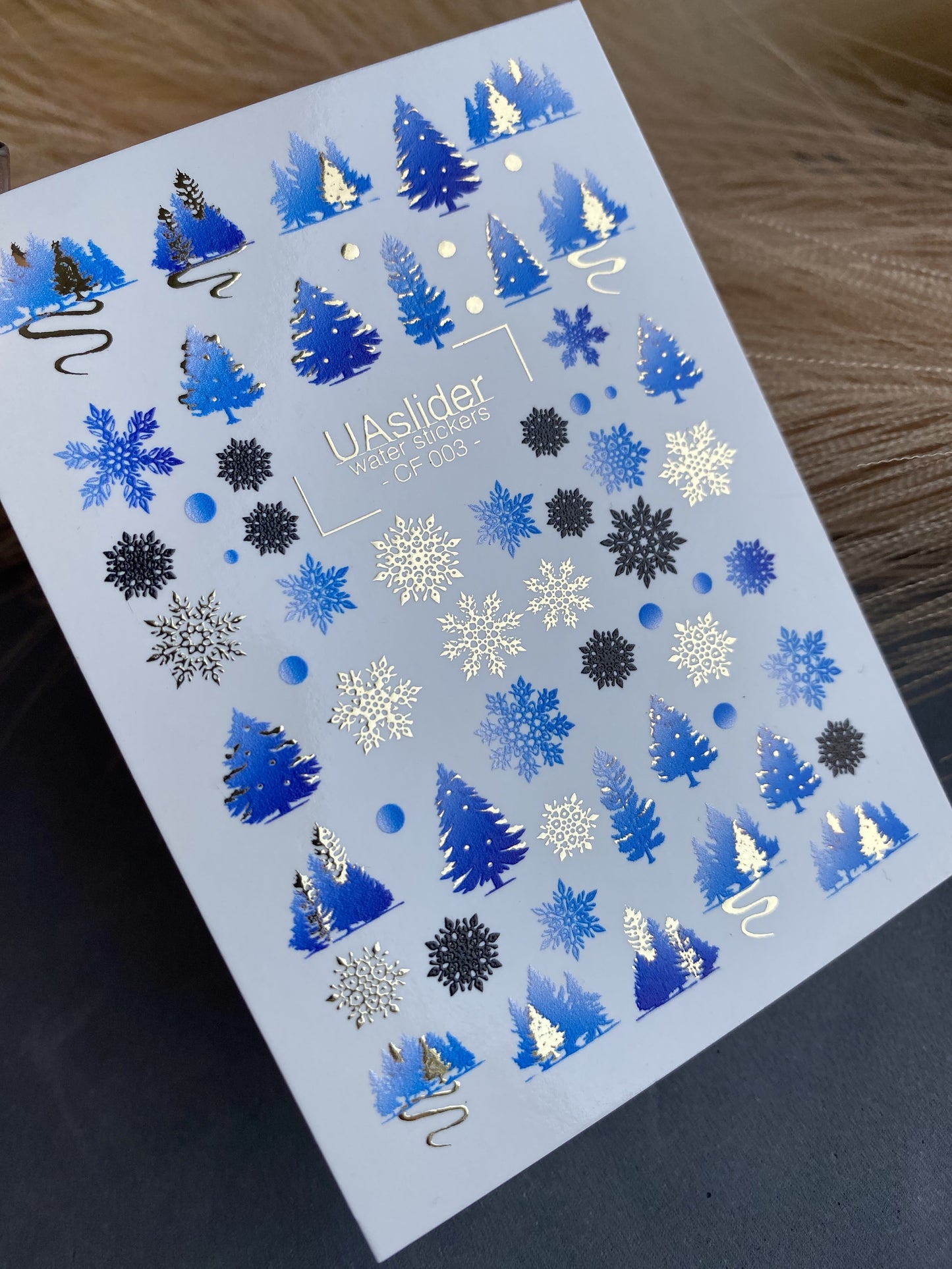 Nail Water Decal CF-003 | Winter Water Slide Nail Decals, Blue Christmas Trees & Snowflakes with Gold Foil