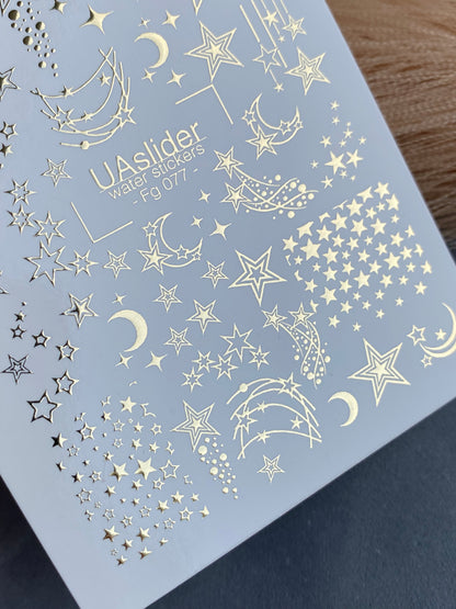 Nail Water Decal Fg-077 | Gold Foil Water Slide Nail Decals | Stars & Crescent Moons