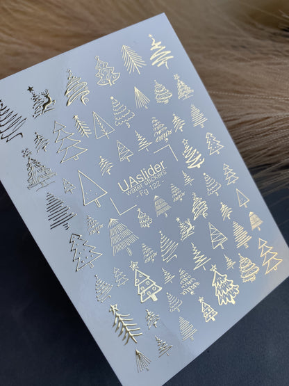 Nail Water Decal Fg-122 | Water Slide Nail Decals with Gold Christmas Trees | Festive Winter