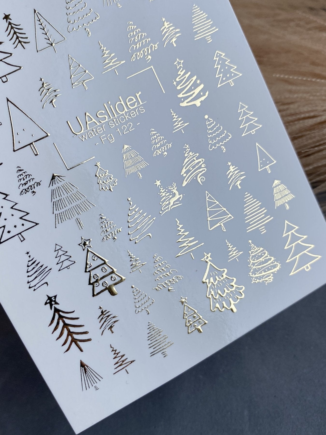 Nail Water Decal Fg-122 | Water Slide Nail Decals with Gold Christmas Trees | Festive Winter - UASLIDER