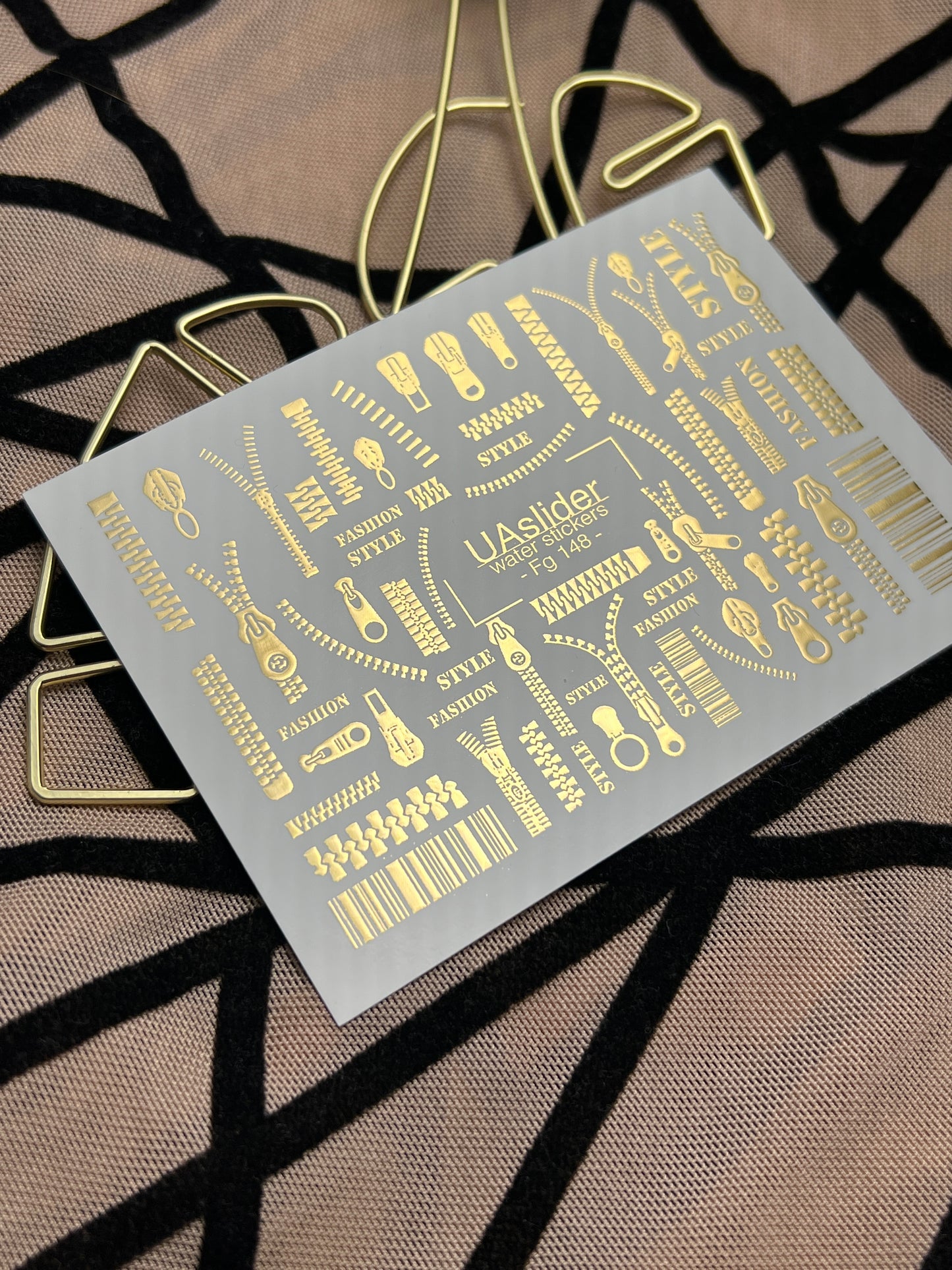 Nail Water Decal Fg-148 | Water Slide Nail Decals with Gold Zippers and Barcode | Fashion Style Nail Art