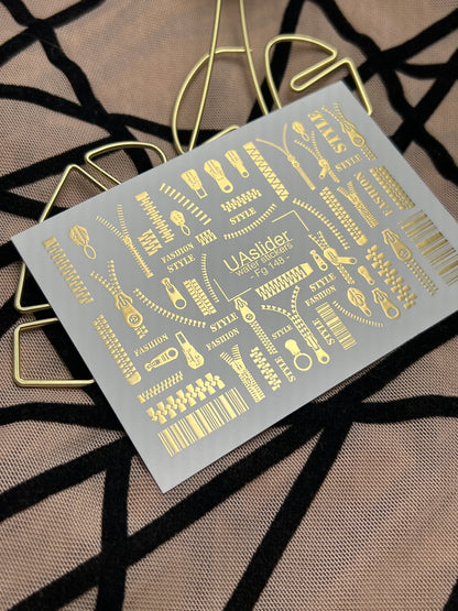 Nail Water Decal Fg-148 | Water Slide Nail Decals with Gold Zippers and Barcode | Fashion Style Nail Art