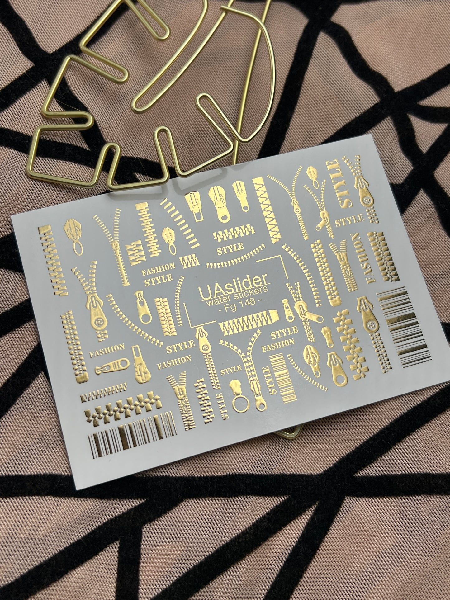 Nail Water Decal Fg-148 | Water Slide Nail Decals with Gold Zippers and Barcode | Fashion Style Nail Art