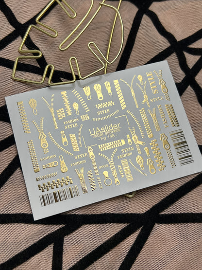 Nail Water Decal Fg-148 | Water Slide Nail Decals with Gold Zippers and Barcode | Fashion Style Nail Art