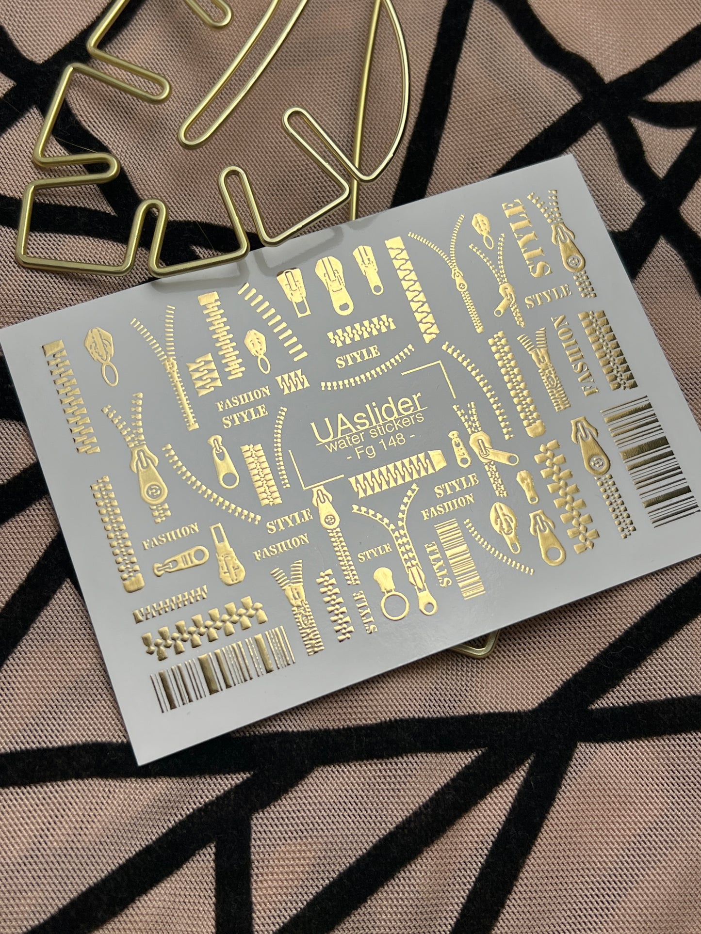 Nail Water Decal Fg-148 | Water Slide Nail Decals with Gold Zippers and Barcode | Fashion Style Nail Art