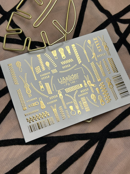 Nail Water Decal Fg-148 | Water Slide Nail Decals with Gold Zippers and Barcode | Fashion Style Nail Art