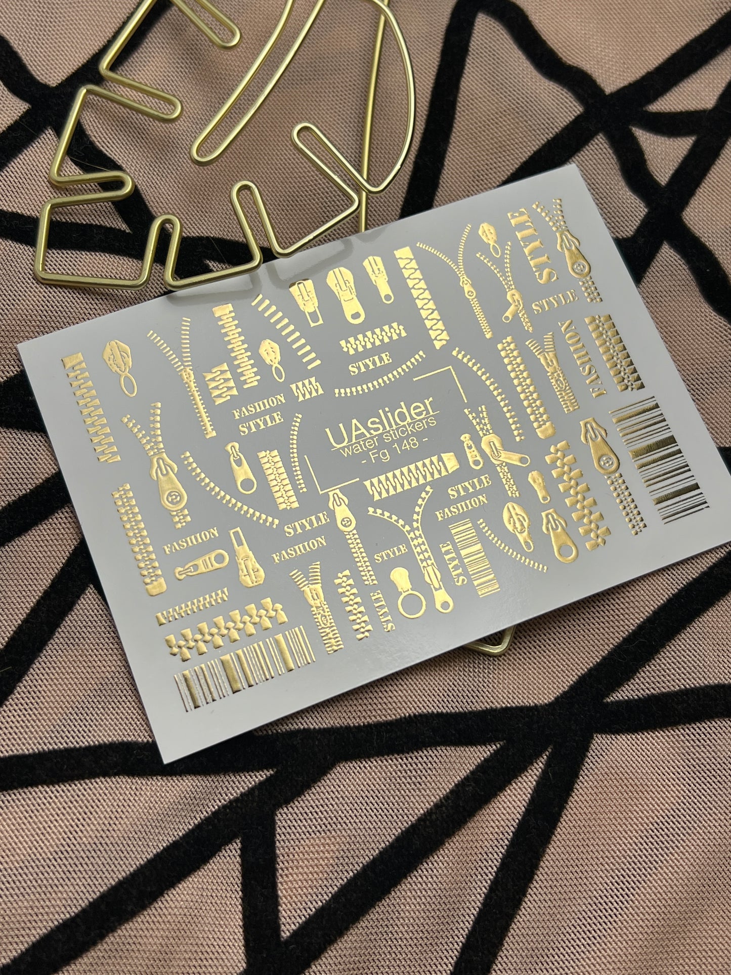 Nail Water Decal Fg-148 | Water Slide Nail Decals with Gold Zippers and Barcode | Fashion Style Nail Art