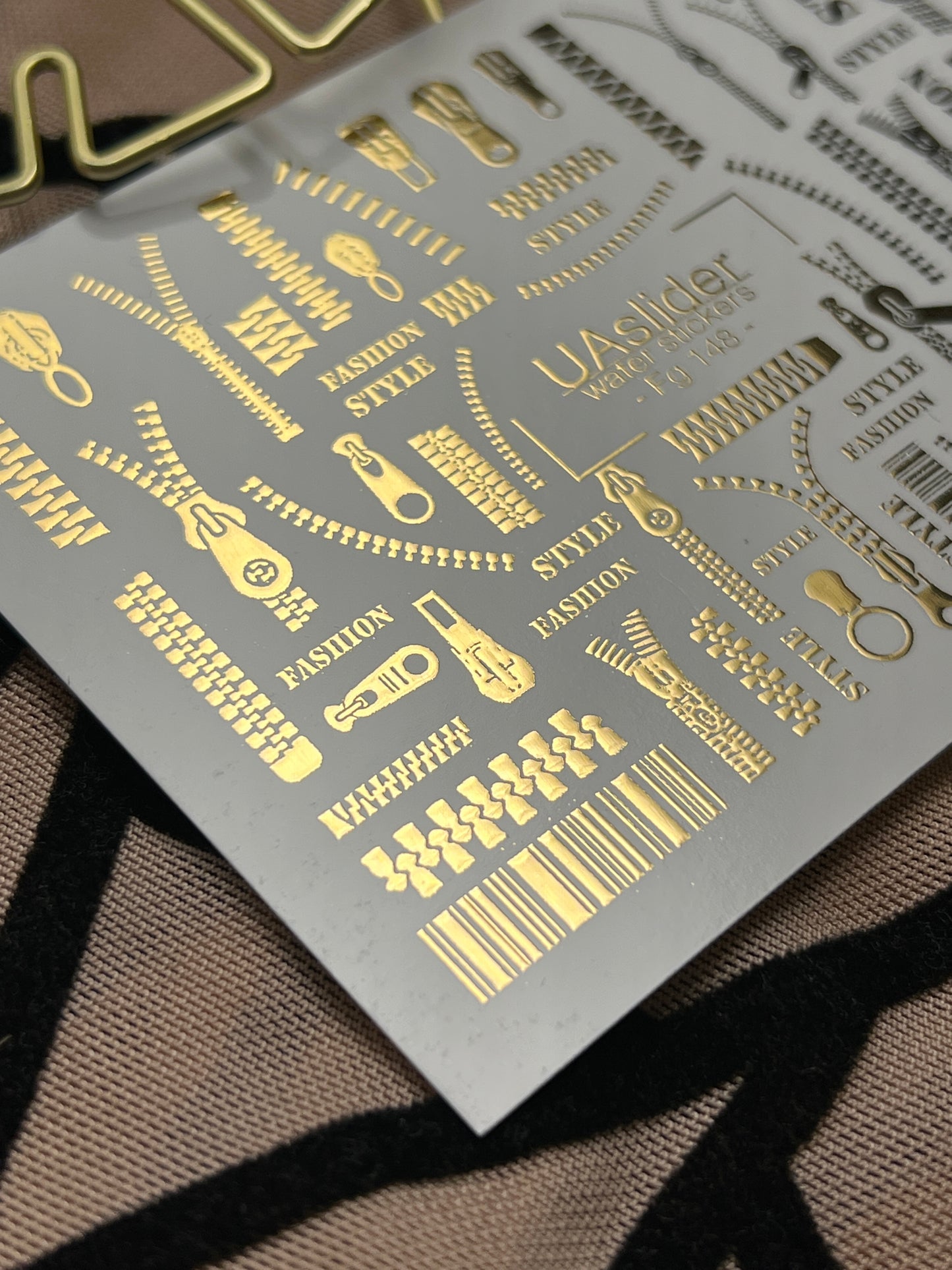Nail Water Decal Fg-148 | Water Slide Nail Decals with Gold Zippers and Barcode | Fashion Style Nail Art