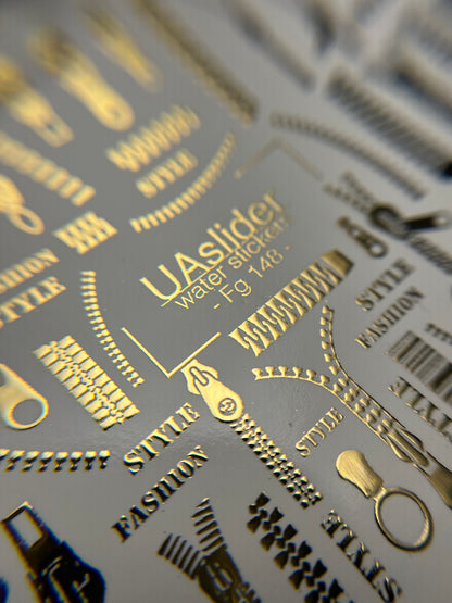 Nail Water Decal Fg-148 | Water Slide Nail Decals with Gold Zippers and Barcode | Fashion Style Nail Art