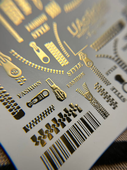 Nail Water Decal Fg-148 | Water Slide Nail Decals with Gold Zippers and Barcode | Fashion Style Nail Art