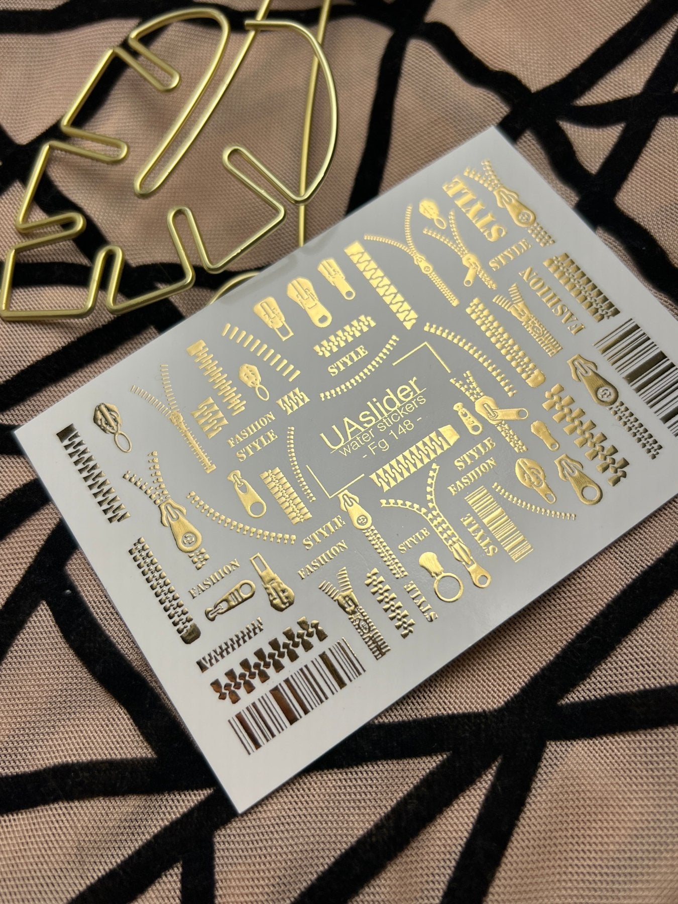 Nail Water Decal Fg-148 | Water Slide Nail Decals with Gold Zippers and Barcode | Fashion Style Nail Art - UASLIDER
