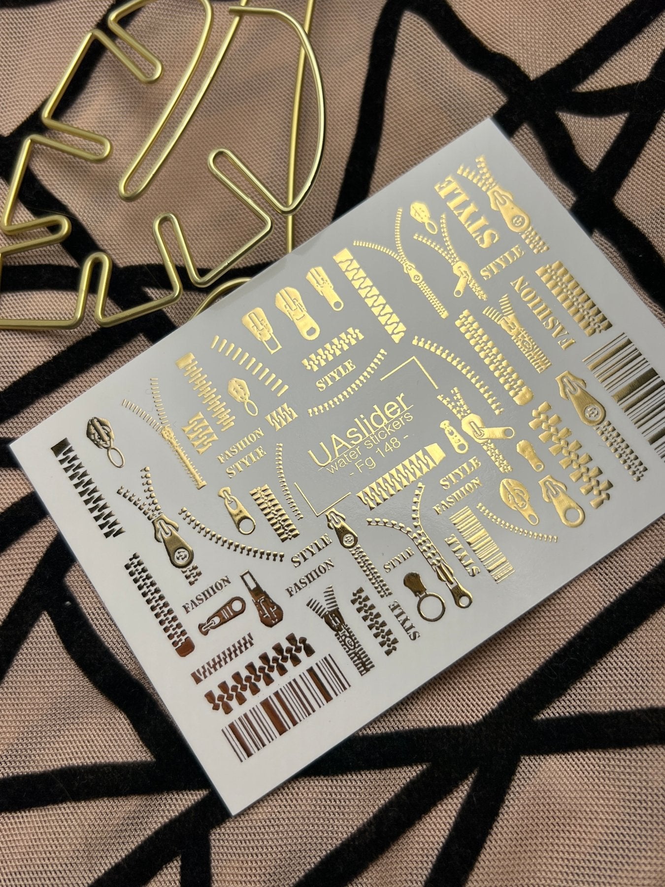 Nail Water Decal Fg-148 | Water Slide Nail Decals with Gold Zippers and Barcode | Fashion Style Nail Art - UASLIDER