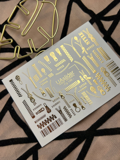 Nail Water Decal Fg-148 | Water Slide Nail Decals with Gold Zippers and Barcode | Fashion Style Nail Art