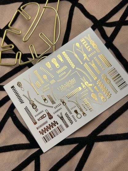 Nail Water Decal Fg-148 | Water Slide Nail Decals with Gold Zippers and Barcode | Fashion Style Nail Art