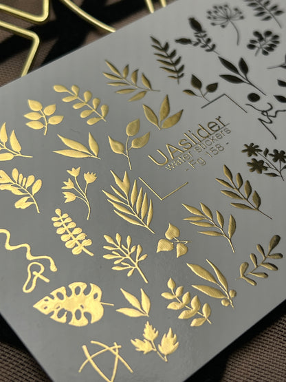 Nail Water Decal Fg-158 | Gold Foil Water Slide Nail Decals | Botanical & Leafy Designs