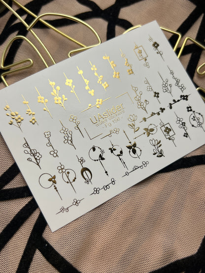 Adesivi per unghie in acqua Fg-156 | Adesivi per unghie a trasferimento ad acqua con foglia oro | Design botanici floreali minimalisti