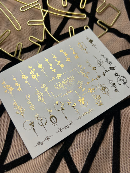 Adesivi per unghie in acqua Fg-156 | Adesivi per unghie a trasferimento ad acqua con foglia oro | Design botanici floreali minimalisti