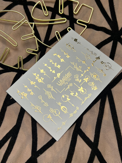 Adesivi per unghie in acqua Fg-156 | Adesivi per unghie a trasferimento ad acqua con foglia oro | Design botanici floreali minimalisti