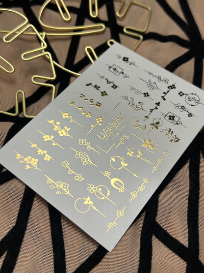 Adesivi per unghie in acqua Fg-156 | Adesivi per unghie a trasferimento ad acqua con foglia oro | Design botanici floreali minimalisti