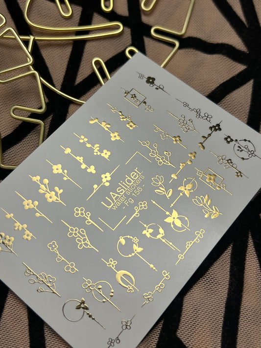 Nálepka na nehty Fg-156 | Zlaté fóliové vodní nálepky na nehty | Minimalistické květinové botanické vzory