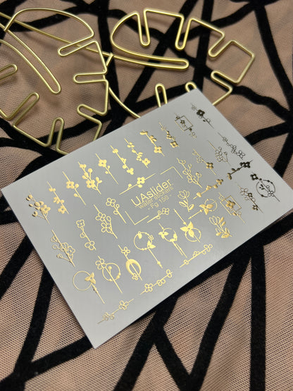 Adesivi per unghie in acqua Fg-156 | Adesivi per unghie a trasferimento ad acqua con foglia oro | Design botanici floreali minimalisti