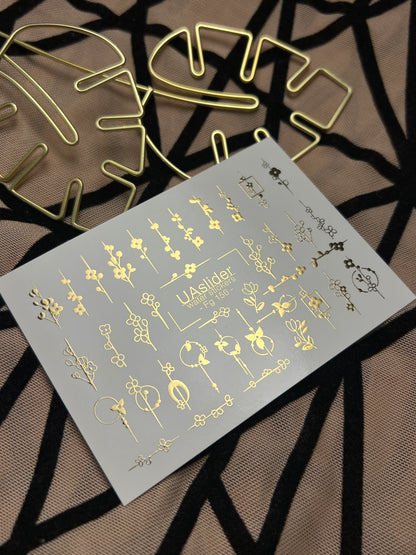 Adesivi per unghie in acqua Fg-156 | Adesivi per unghie a trasferimento ad acqua con foglia oro | Design botanici floreali minimalisti