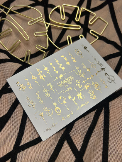 Adesivi per unghie in acqua Fg-156 | Adesivi per unghie a trasferimento ad acqua con foglia oro | Design botanici floreali minimalisti