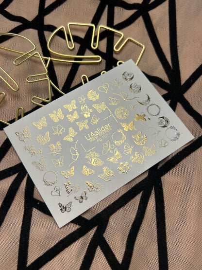 Adesivi per unghie ad acqua Fg-157 | Adesivi per unghie a trasferimento ad acqua con foglia d'oro | Farfalle e accenti floreali