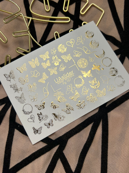 Adesivi per unghie ad acqua Fg-157 | Adesivi per unghie a trasferimento ad acqua con foglia d'oro | Farfalle e accenti floreali