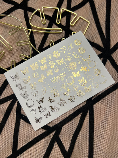 Adesivi per unghie ad acqua Fg-157 | Adesivi per unghie a trasferimento ad acqua con foglia d'oro | Farfalle e accenti floreali