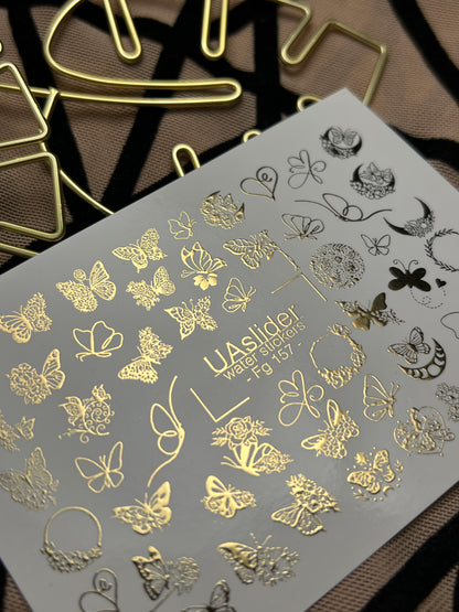 Adesivi per unghie ad acqua Fg-157 | Adesivi per unghie a trasferimento ad acqua con foglia d'oro | Farfalle e accenti floreali