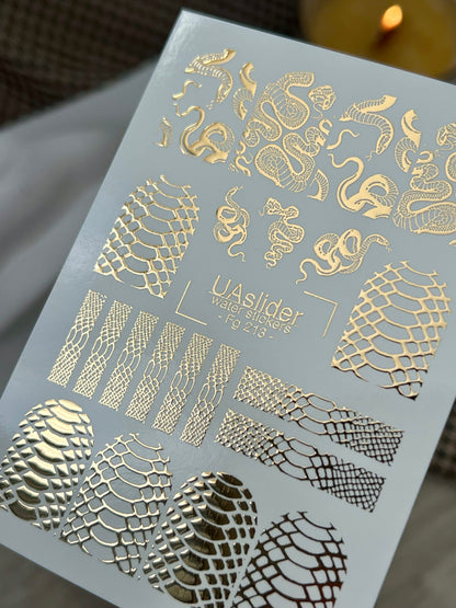 Nail Water Decal Fg-213 | Water Slide Nail Decals | Gold Foil Snakes & Reptile Textures