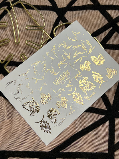 Naklejki na paznokcie wodne Fg-015 | Botaniczne naklejki wodne na paznokcie z złotą folią | Eleganckie wzory liści
