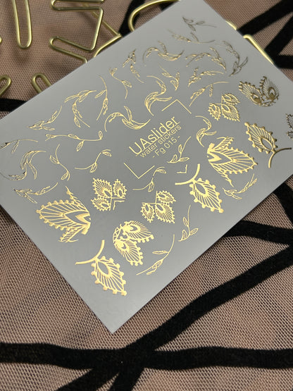 Naklejki na paznokcie wodne Fg-015 | Botaniczne naklejki wodne na paznokcie z złotą folią | Eleganckie wzory liści