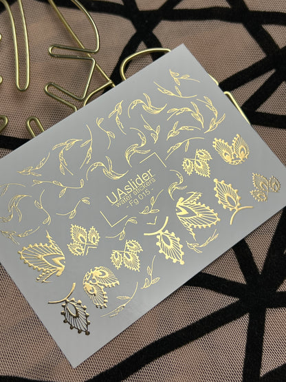 Naklejki na paznokcie wodne Fg-015 | Botaniczne naklejki wodne na paznokcie z złotą folią | Eleganckie wzory liści