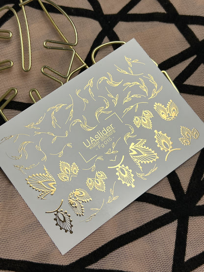 Naklejki na paznokcie wodne Fg-015 | Botaniczne naklejki wodne na paznokcie z złotą folią | Eleganckie wzory liści