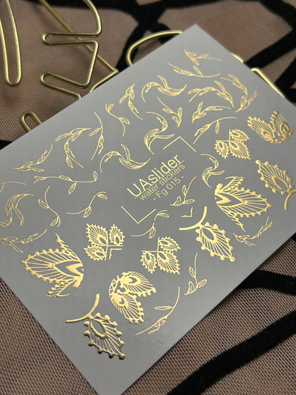 Naklejki na paznokcie wodne Fg-015 | Botaniczne naklejki wodne na paznokcie z złotą folią | Eleganckie wzory liści