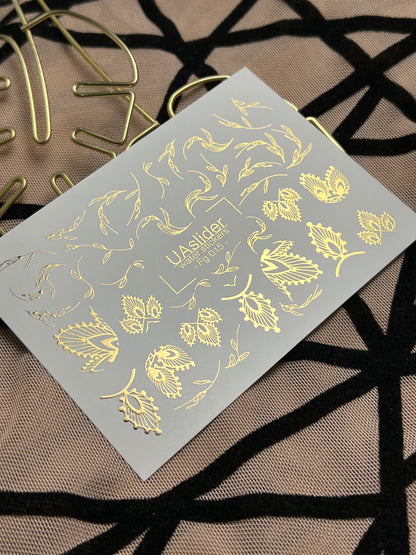 Naklejki na paznokcie wodne Fg-015 | Botaniczne naklejki wodne na paznokcie z złotą folią | Eleganckie wzory liści